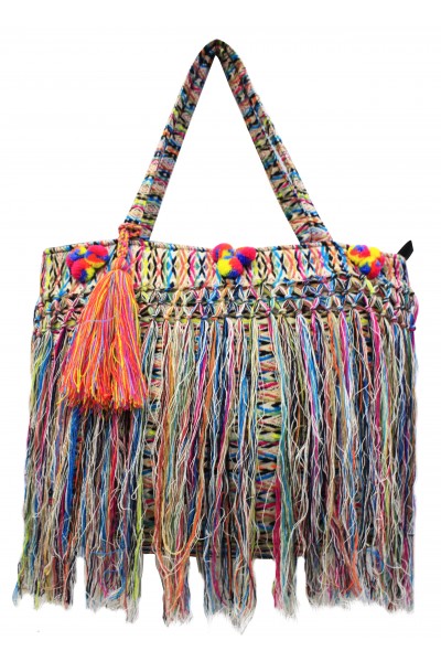 Multi-color fringed jacquard bag